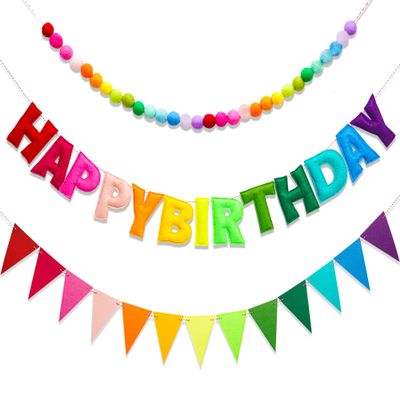 3 Pcs Pre-Strung Reusable Happy Birthday Banner, Handmade Wool Felt Ball Garland, Triangle Flags, Personalized Felt Holiday Sign Pom Pom Garland for Rainbow Party Decorations Fireplace Mantel Wall Window (Birthday Banner + Flags + Rainbow Balls)