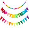 3 Pcs Pre-Strung Reusable Happy Birthday Banner, Handmade Wool Felt Ball Garland, Triangle Flags, Personalized Felt Holiday Sign Pom Pom Garland for Rainbow Party Decorations Fireplace Mantel Wall Window (Birthday Banner + Flags + Rainbow Balls) view 1