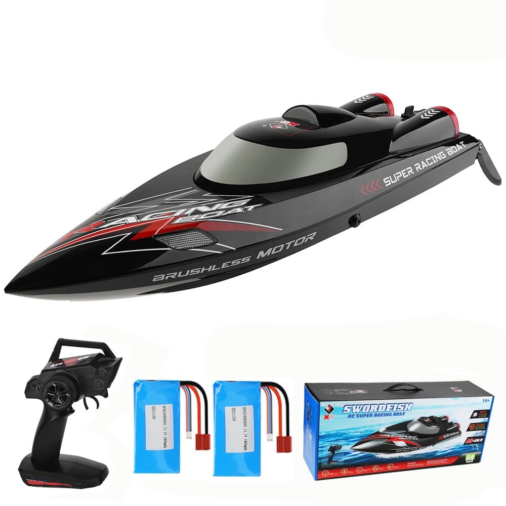 JIKEFUN WLtoys WL916 RC Boat 2.4Ghz 55KM/H Brushless High Speed Racing Ship 2200mAh Remote Control Speedboat Toys for Adults, Black with 2 Batteries