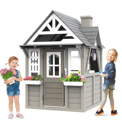 Seizeen Outdoor Kids Playhouse, All Fir Gray Modern Wooden Playhouse, Indoor Outdoor Cottage Play House w/Sink, Stove, Cookware, Flowerpot Holders, Working Doorbell, for Kids Ages 3-8 (Gray)