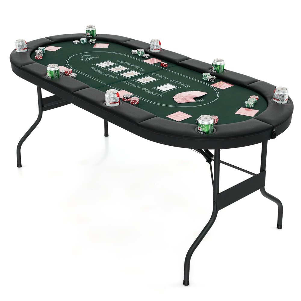 DORTALA Poker Table, 8 Player Foldable Blackjack Table with Cup Holders, Casino Grade Felt, Collapsible Legs, Oval Folding Texas Holdem Poker Table for Card Games, Green