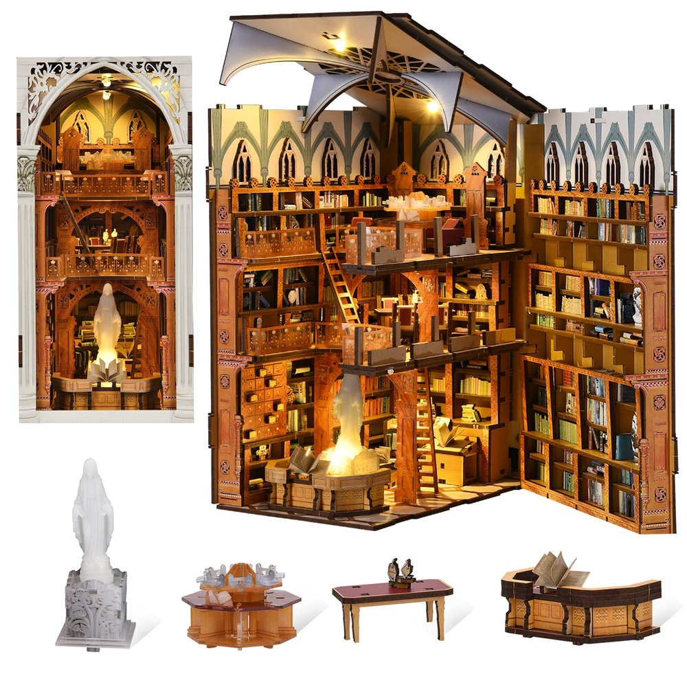 CCCDF Book Nook Kit, DIY Miniature House Kit 3D Wooden Puzzle for Adults Booknook Kit with Dust Cover Book Decor Bookshelf Decoration Decorative Bookends Women Craft Gifts for Teens (Public Library)