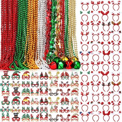 Glitinsel 120 Pcs Christmas Party Favors Bulk Christmas Bead Star Necklaces Jingle Bell Necklaces Santa Xmas Tree Snowman Elk Headbands Glitter Glasses Frame for Xmas Costume (Classic)