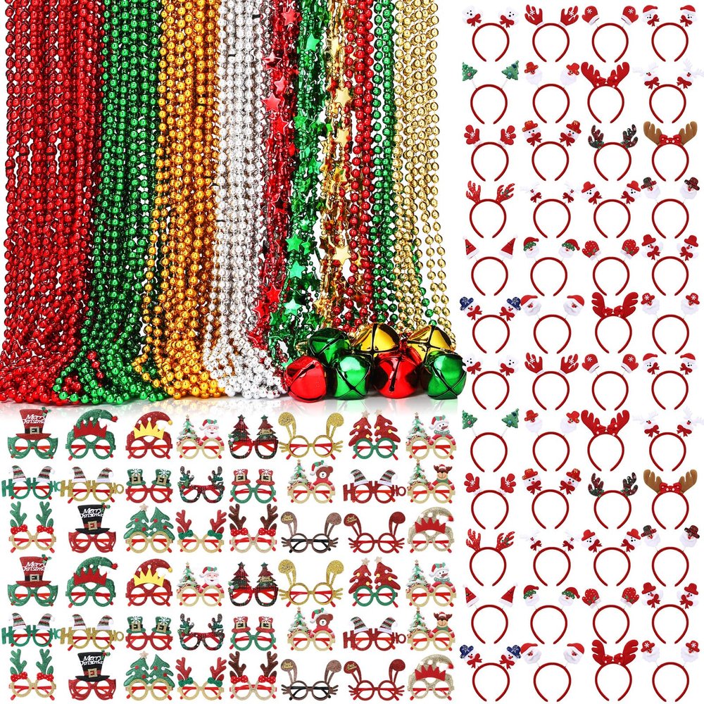 Glitinsel 120 Pcs Christmas Party Favors Bulk Christmas Bead Star Necklaces Jingle Bell Necklaces Santa Xmas Tree Snowman Elk Headbands Glitter Glasses Frame for Xmas Costume (Classic)