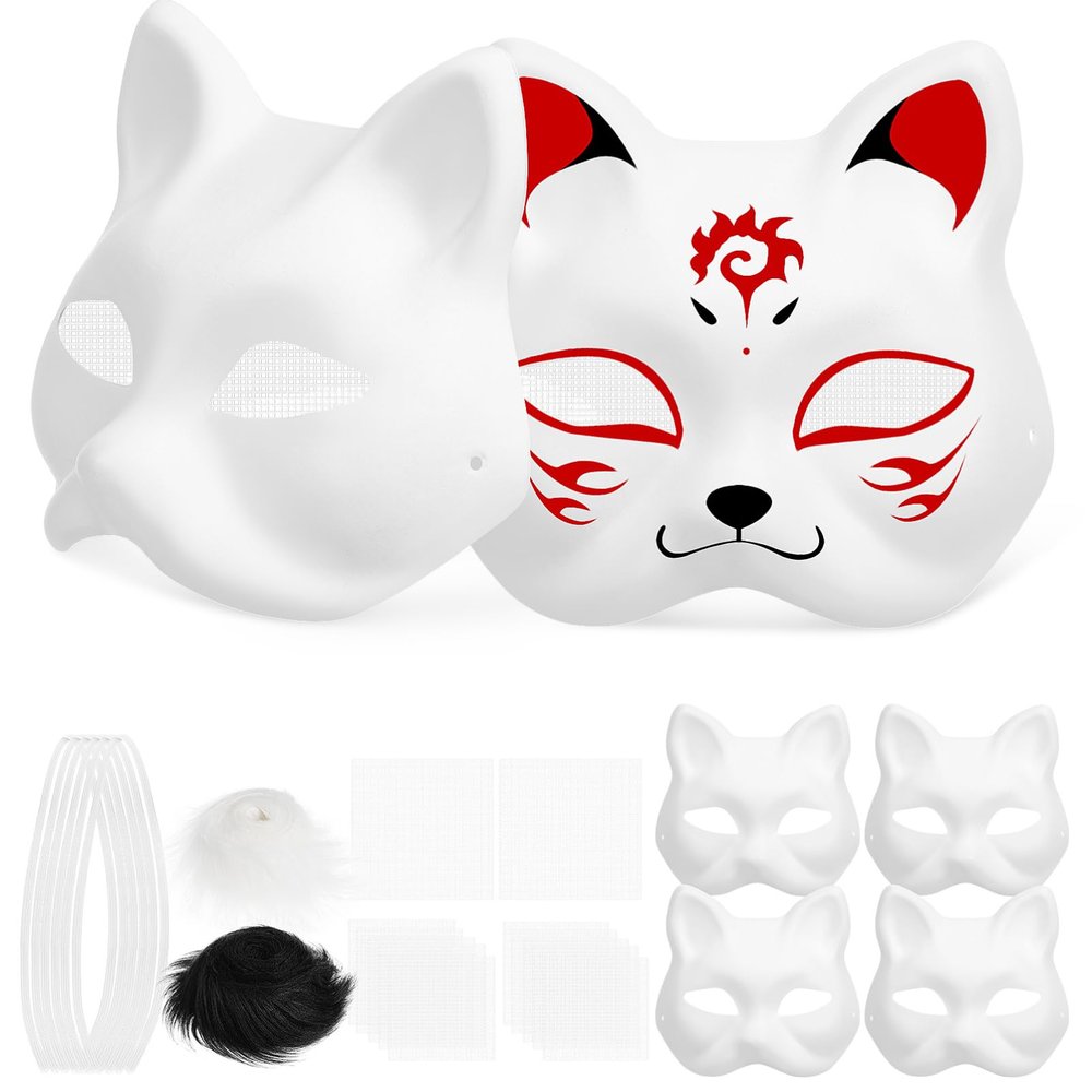 Beaupretty Cat Mask to Paint 1 Set Blank Diy Animal Masks with Hair Strips for Halloween Masquerade Party 7.3 Inch