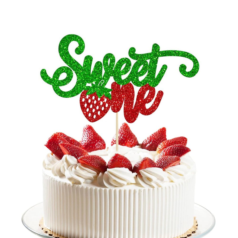 1Pcs Strawberry 1st Birthday Cake Topper Glittergreen and red Sweet One First Birthday Strawberry Cake Pick for Sweet Fruit Theme Baby Shower Kids Birthday Party Supplies