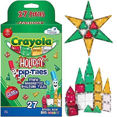 CreateOn Crayola Holiday Glitter PIP Magnetic Tiles, Magnetic Kids Building Toys, STEM Learning Travel Toys for Boys and Girls, 27-Piece Set