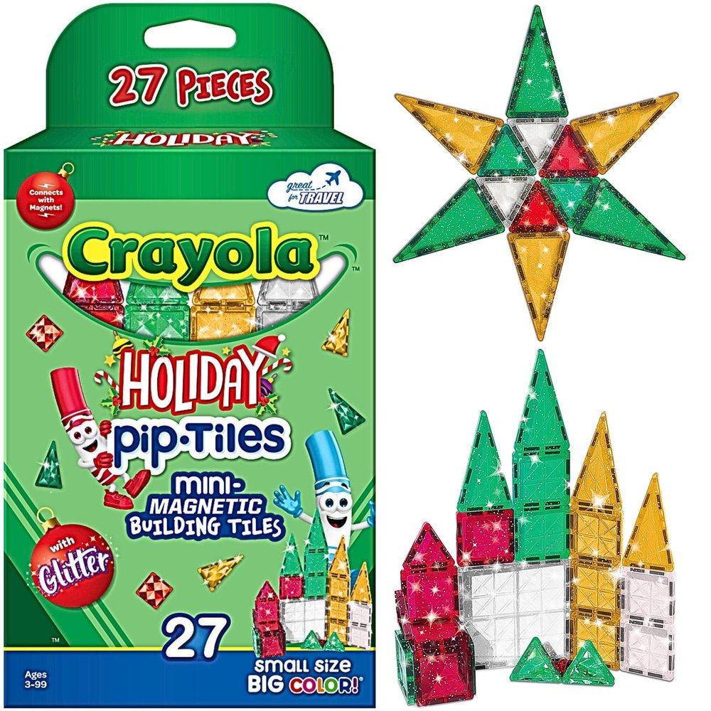 CreateOn Crayola Holiday Glitter PIP Magnetic Tiles, Magnetic Kids Building Toys, STEM Learning Travel Toys for Boys and Girls, 27-Piece Set