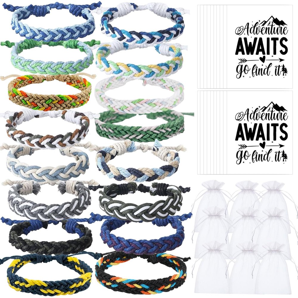 16 Set Friendship Bracelet Party Favors Braided Friendship Bracelets with Cards Adjustable Woven Friendship Bracelets Handmade Braided Bracelet for Teens Adults Camping Party Favors