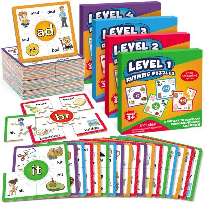 Torlam Phonics Puzzle Cards Level 1-4, Learn to Read Rhyming Games Phonics Flash Cards Spelling CVC Words, Digraphs Blends, Long Vowel, Silent E, Trigraphs Sight Words for Toddlers Kids Kindergarten
