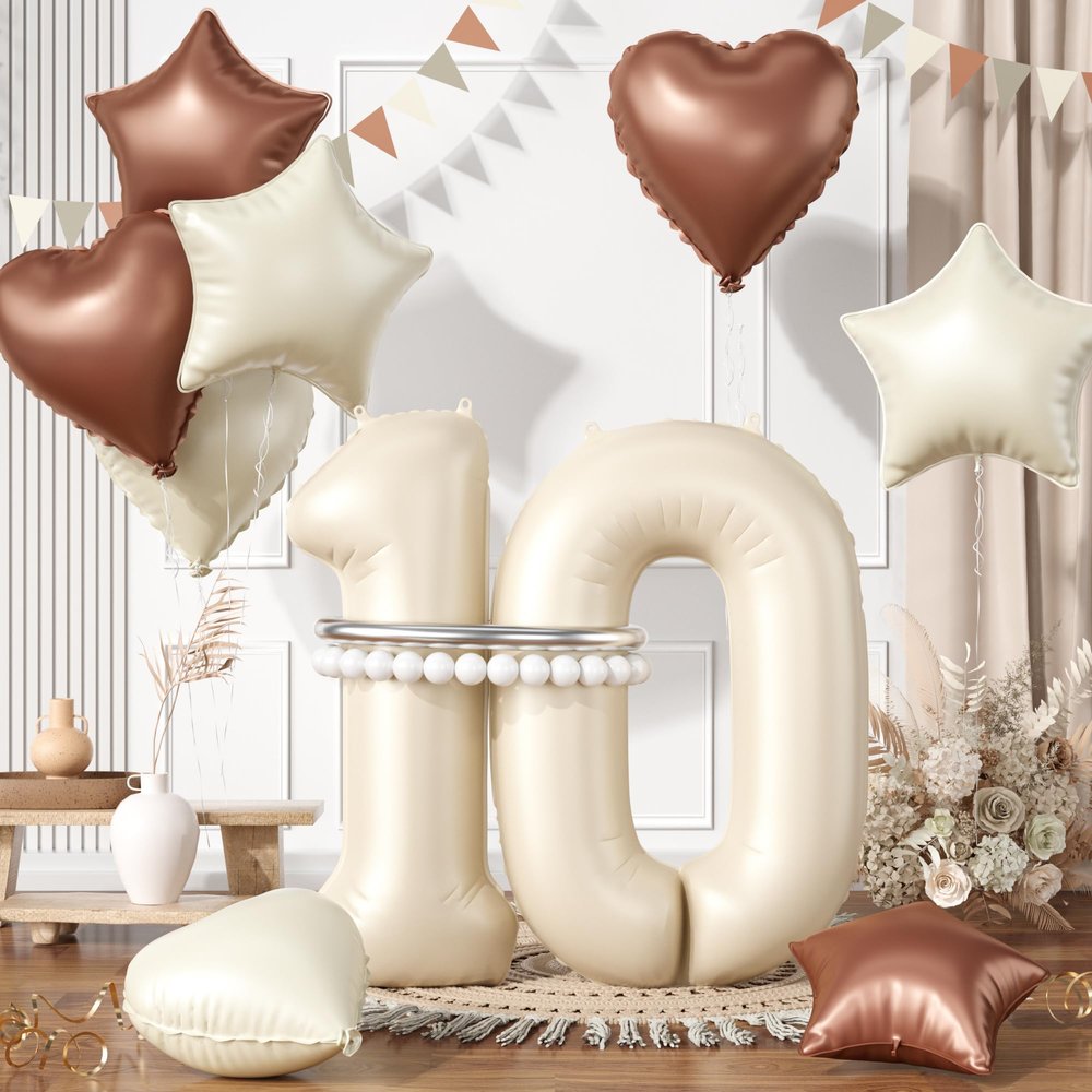 10 Cream White Balloons, 10 Number Balloons Set, 40inch Beige 10 Balloons, Brown Nude Sand White Foil Star Heart Balloon With Two Long Balloon For 10th Birthday Party 1st Baby Shower Decorations