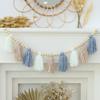 Boho Yarn Tassel Garland Banner with Wood Beads Blue and White Wall Hanging for Baby Shower Kids Bedroom Nursey Decor view 1