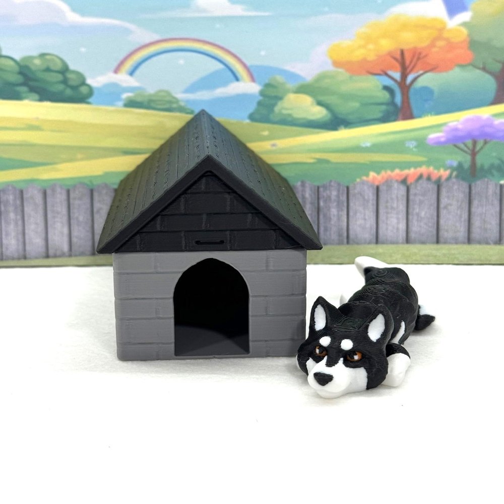 3D Printed Dog with Dog House, Articulated Labrador Retriever, Husky,German Shepperd,Golden Retriever Collie, Border Collie, Australian Shepherd Toy (Husky, Gray and Black Doghouse)