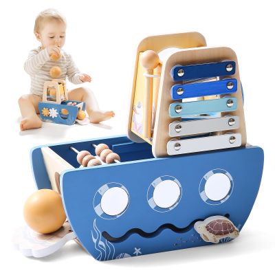 Promise Babe 5-in-1 Baby Wooden Activity Cube, Sea Ocean Montessori Toddler Toys for 1+ Year Old Boys Girls Gifts, Educational Learning Boat Toys for 1st Birthday Gifts for Kids