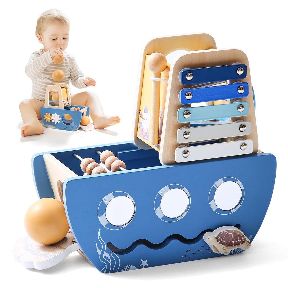 Promise Babe 5-in-1 Baby Wooden Activity Cube, Sea Ocean Montessori Toddler Toys for 1+ Year Old Boys Girls Gifts, Educational Learning Boat Toys for 1st Birthday Gifts for Kids