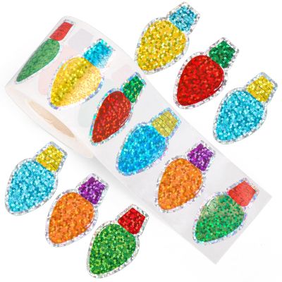 Whaline Christmas Stickers Roll Laser Light Bulb Seal Stickers 5 Colors Xmas Waterproof Self-Adhesive Decals for Envelope Journal Decor Party Supplies, 500Pcs