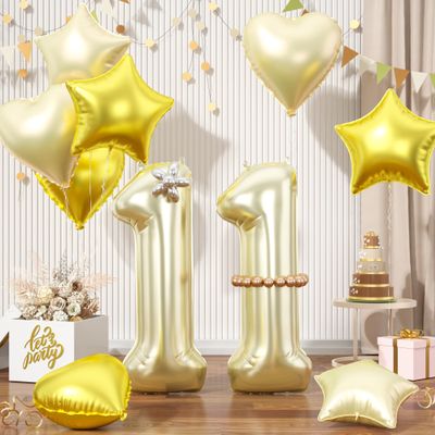 Champagne Gold Number 11 Balloons, 11 Number Balloons Light Gold, Gold Foil Aluminum Star Heart Balloon With Long Balloon for 11th Birthday Party Graduation Anniversary 1st Baby Shower Decorations