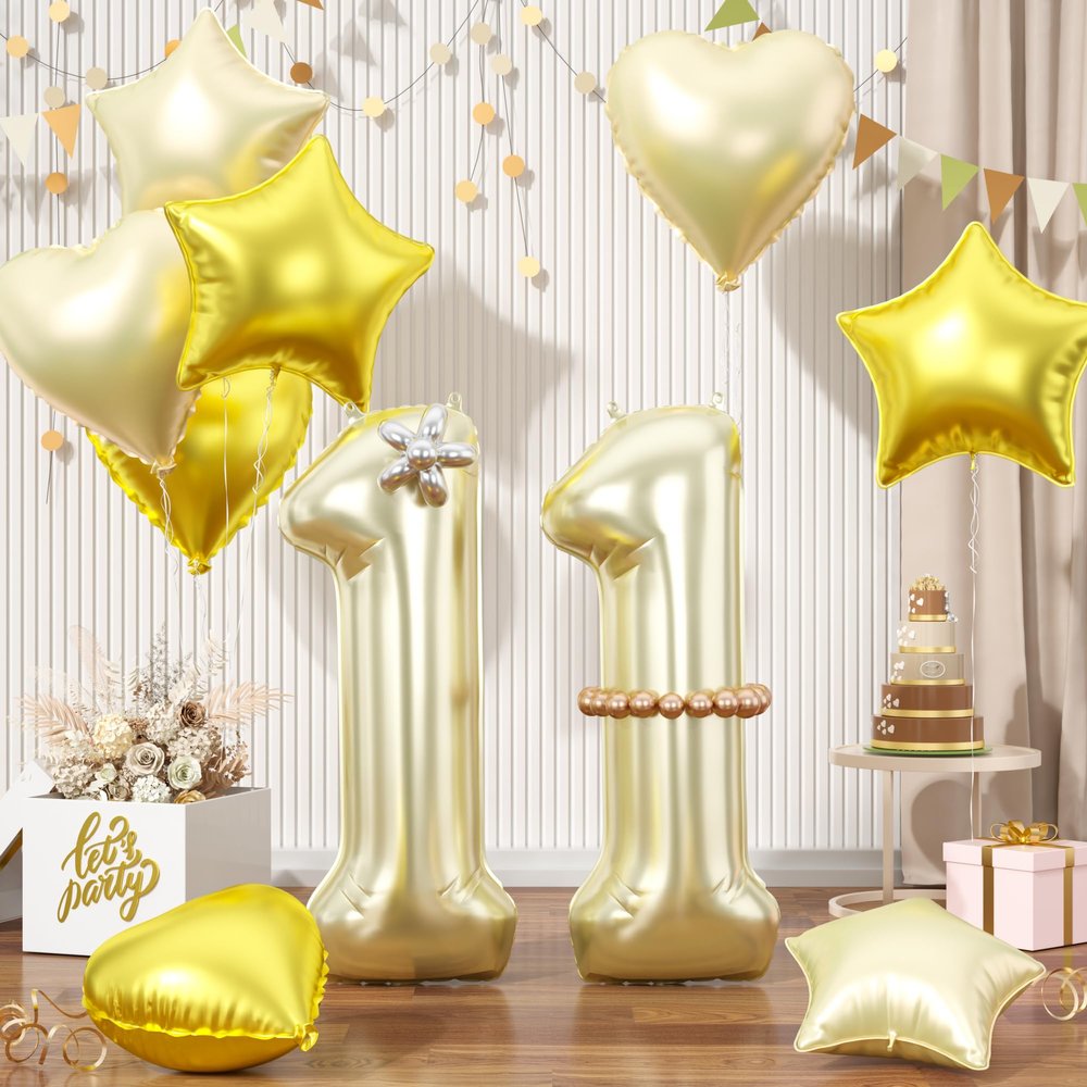 Champagne Gold Number 11 Balloons, 11 Number Balloons Light Gold, Gold Foil Aluminum Star Heart Balloon With Long Balloon for 11th Birthday Party Graduation Anniversary 1st Baby Shower Decorations