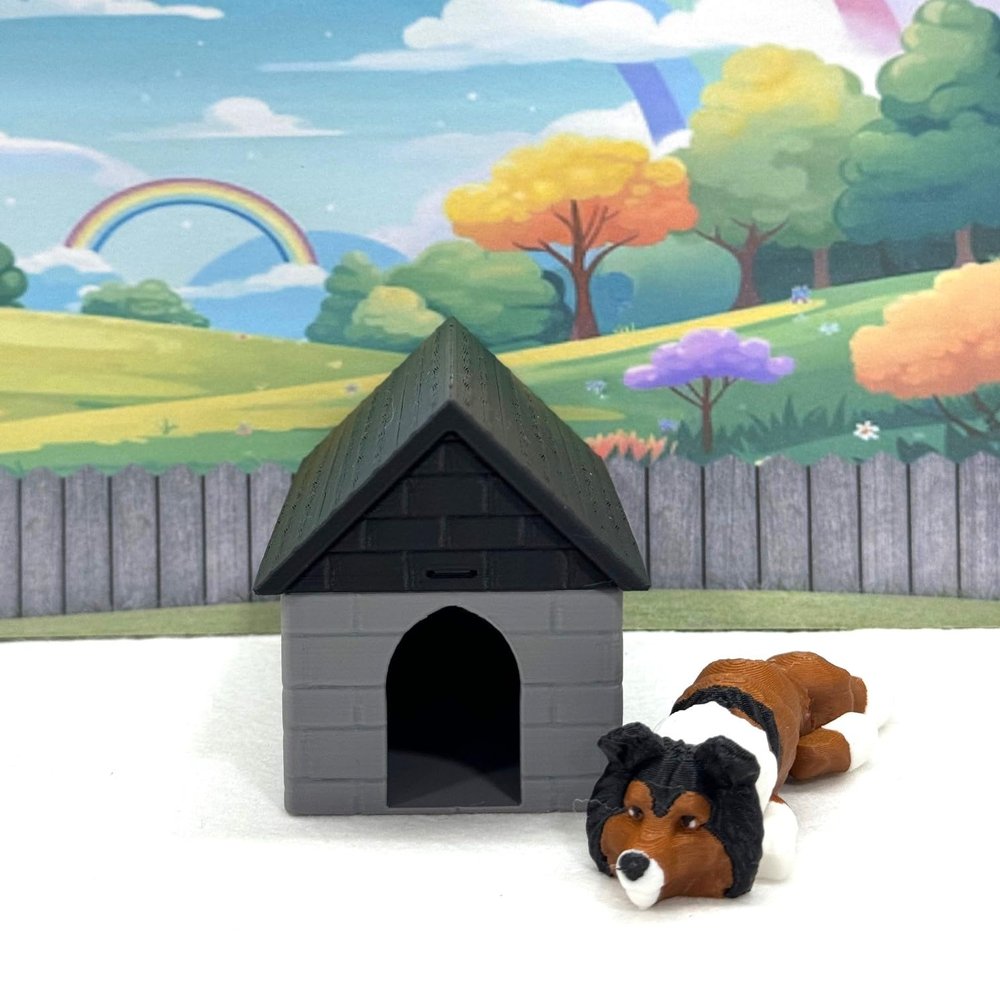 3D Printed Dog with Dog House, Articulated Labrador Retriever, Husky,German Shepperd,Golden Retriever Collie, Border Collie, Australian Shepherd Toy (Collie, Gray and Black Doghouse)