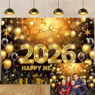 2026 Happy New Year Banner Backdrop 8x6FT Black and Gold Fireworks New Years Eve Photography Background for NYE Decorations 2026 New Years Eve Party Supplies NYE Party Favor