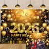 2026 Happy New Year Banner Backdrop 8x6FT Black and Gold Fireworks New Years Eve Photography Background for NYE Decorations 2026 New Years Eve Party Supplies NYE Party Favor