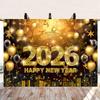 2026 Happy New Year Banner Backdrop 8x6FT Black and Gold Fireworks New Years Eve Photography Background for NYE Decorations 2026 New Years Eve Party Supplies NYE Party Favor view 2