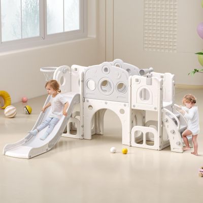 8 in 1 Toddler Slide, Outdoor Indoor Playset for Child Age 1 2 3, Kids Climber Slide with Storage Space and Non-Slip Steps, Basketball Hoopa and Telescope, Grey & White