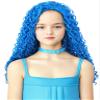 AMZCOS Long Blue Curly Wavy Synthetic Wigs with Blue Choker and Rhinestones Stickers for Girls Kids Teens Cosplay Halloween Party view 2