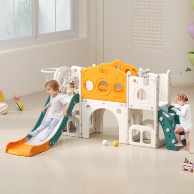 8 in 1 Toddler Slide, Outdoor Indoor Playset for Child Age 1 2 3, Kids Climber Slide with Storage Space and Non-Slip Steps, Basketball Hoopa and Telescope, Yellow & Green