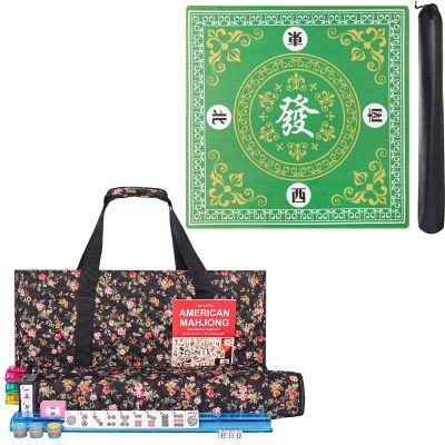 American Mahjong Game Set, 166 White Tiles, 4 All-in-One Color Rack/Pushers,Mahongg Tile Set, Printed Carrying Bag,Mahjong Mat,Mahjong Game Table Mat,31.5"x31.5" Green Rubber Anti-Slip Playmat