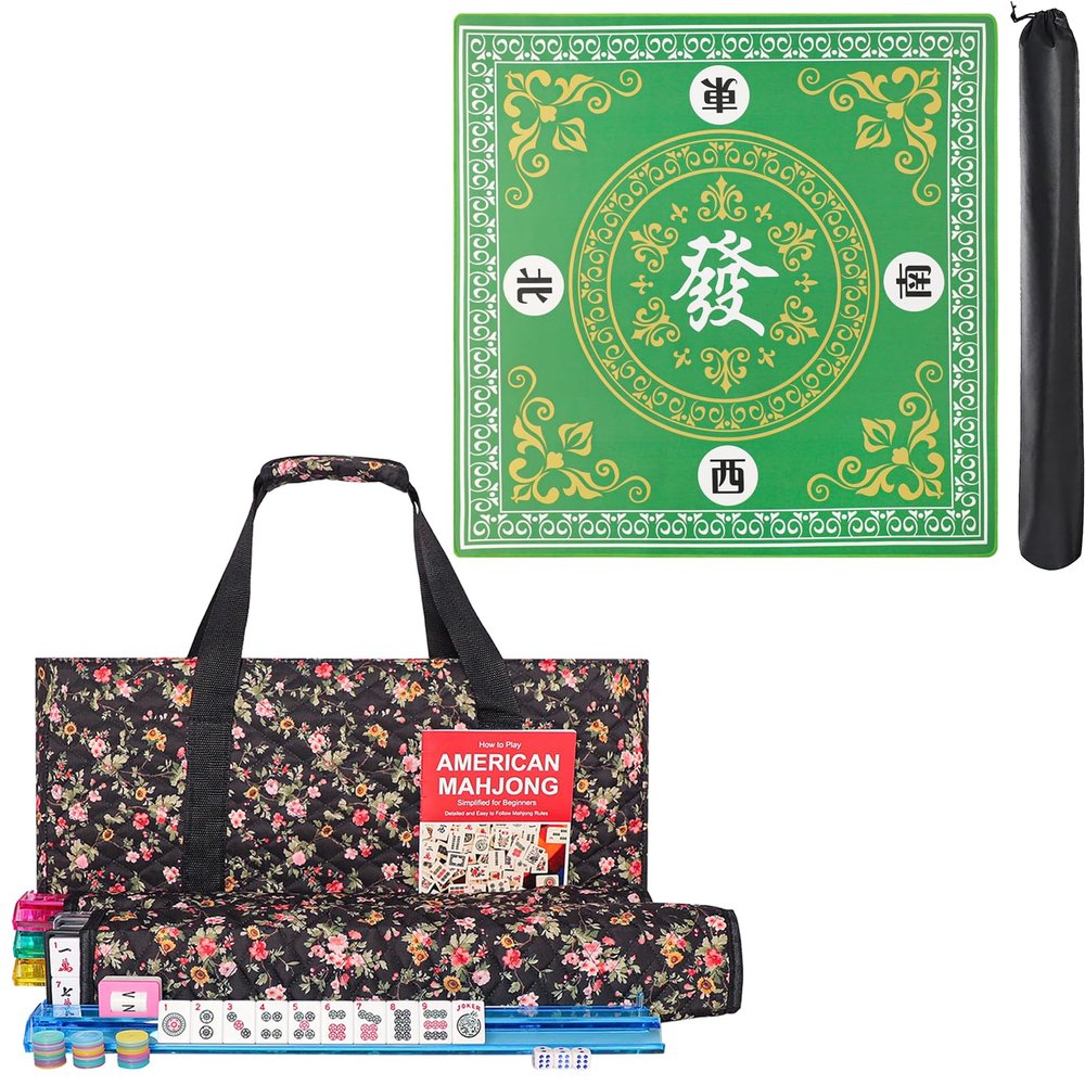 American Mahjong Game Set, 166 White Tiles, 4 All-in-One Color Rack/Pushers,Mahongg Tile Set, Printed Carrying Bag,Mahjong Mat,Mahjong Game Table Mat,31.5"x31.5" Green Rubber Anti-Slip Playmat