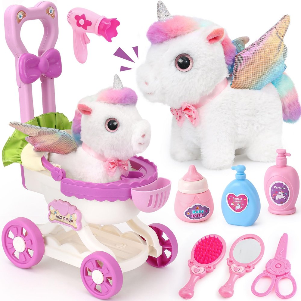 TUZT Girl Interactive Walking Unicorn Stroller Toy Set with Plush Electric Unicorn & Groom Care Accessories, Pretend Play Christmas Birthday Gift Toddler 3 4 5 6 Years, Unicorn Toys for Girls 4-6