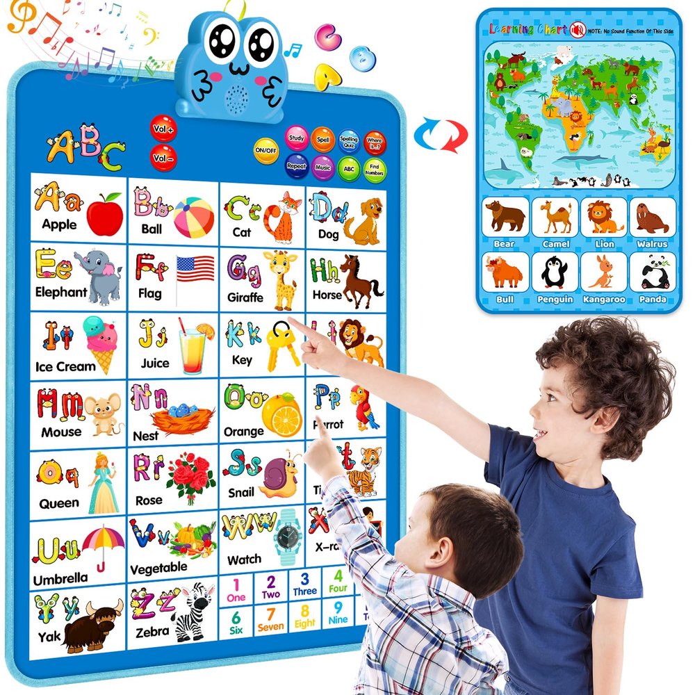 Electronic Interactive Double-Sided Alphabet Wall Chart, Talking ABC & 123 & Music & Learning Poster, Educational Toddlers Toys for Ages 3-4 Kids Gift, Best for Preschool Boys & Girls(Blue)