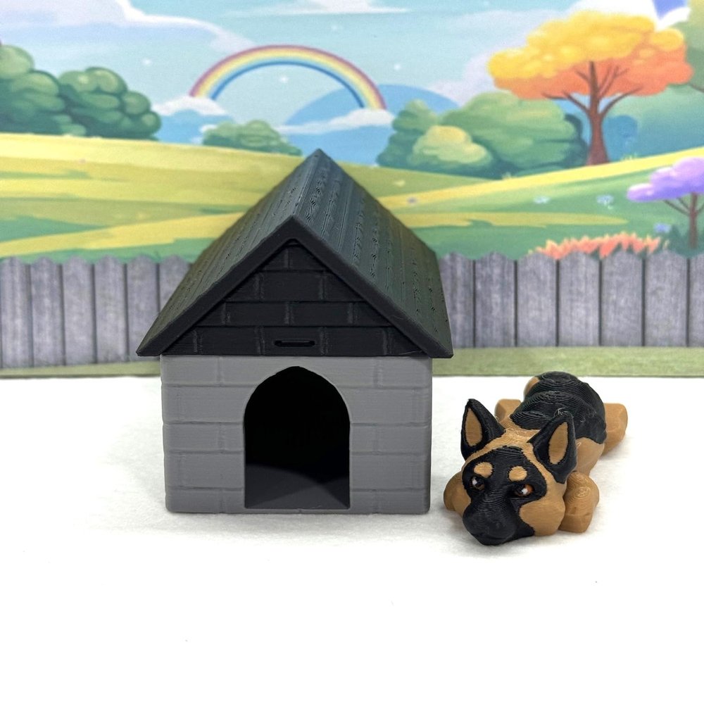 3D Printed Dog with Dog House, Articulated Labrador Retriever, Husky,German Shepperd,Golden Retriever Collie, Border Collie, Australian Shepherd Toy (German Shepherd, Gray and Black Doghouse)