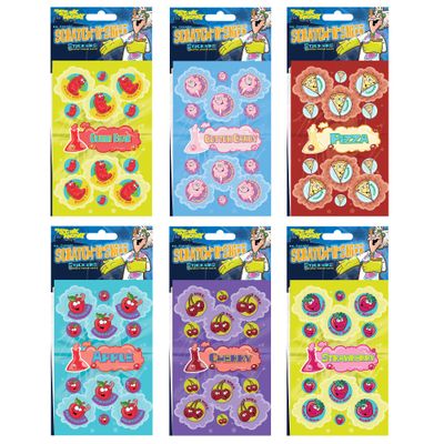 Just For Laughs Dr. Stinky's Scratch N Sniff Stickers 6-Pack, Strawberry, Pizza, Cherry, Cotton Candy, Gummi Bear (1 Case - 18 Packs of 6 Stickers)