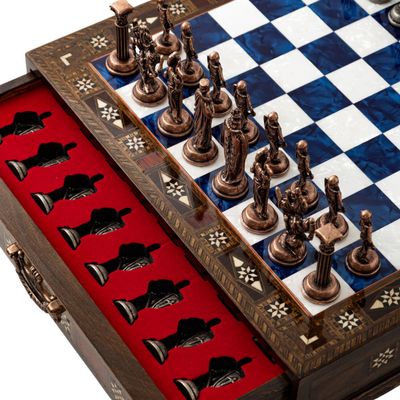 15 Handmade Wooden Storage Chess Set  Handmade Wooden Chess Board with Metal Pieces  Luxury Chess Gift for Adults, Decorative & Collectible (Blue)