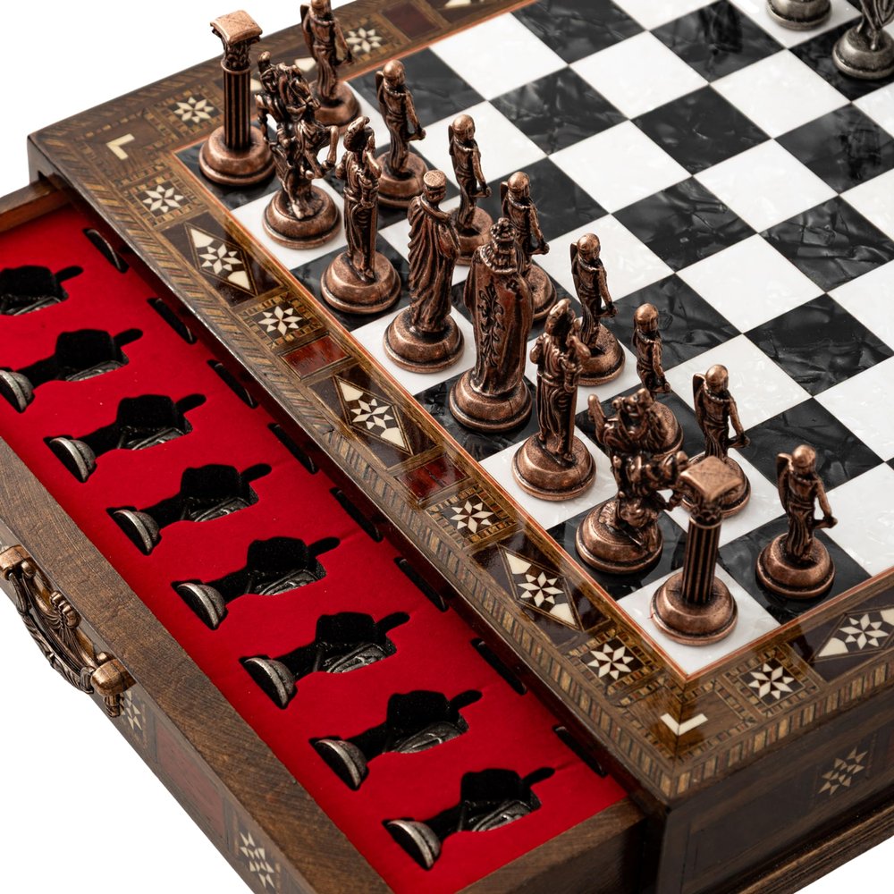 15 Handmade Wooden Chess Set with British Army Metal Pieces  Luxury Storage Board  Gift for Adults, Fathers & Collectors, Gift for Him (Black)