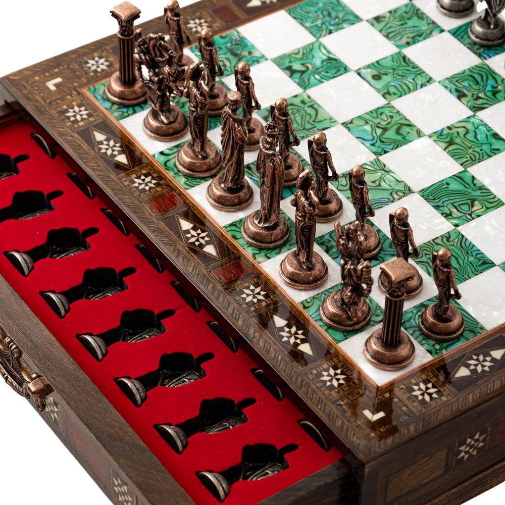 15'' Wooden Chess Set with Metal Chess Pieces  Handmade Storage Chess Board & British Metal Pieces  Elegant Chess Gift for All Ages  Gift for Him (Green)