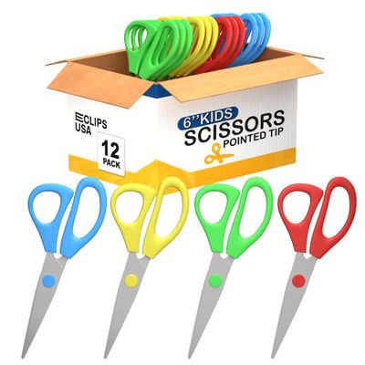 Pointed Tip Kids Scissors (12 Pack), School Scissors, Kids scissors Bulk, Assorted Colors, School Supplies, Art Supplies (Pointed Tip, 12)