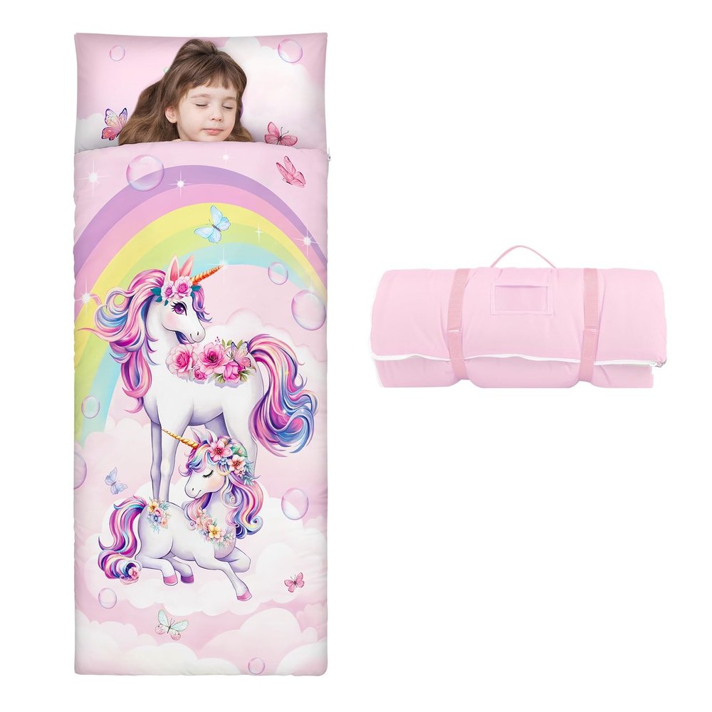 Kids Sleeping Bag Toddler Nap Mat with Removable Pillow, Large Foldable Sleeping Bag for Girls Boys, Easy Clean Slumber Bag with Double Zip for Camping School Preschool Daycare, 5924 inch