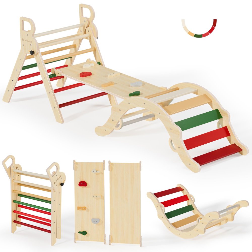BlueWood Pikler Triangle Set, Toddler Wooden Climbing Toys Indoor 7in1 Foldable Climber for Kids, Montessori Philosophy Play Jungle Gym with Arch, Ramp, Ladder (Warm Winter Christmas)