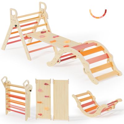 BlueWood Pikler Triangle Set, Toddler Wooden Climbing Toys Indoor 7in1 Foldable Climber for Kids, Montessori Philosophy Play Jungle Gym with Arch, Ramp, Ladder (Farm Charm Autumn)