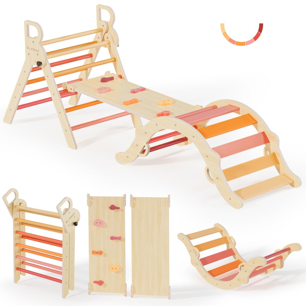 BlueWood Pikler Triangle Set, Toddler Wooden Climbing Toys Indoor 7in1 Foldable Climber for Kids, Montessori Philosophy Play Jungle Gym with Arch, Ramp, Ladder (Farm Charm Autumn)