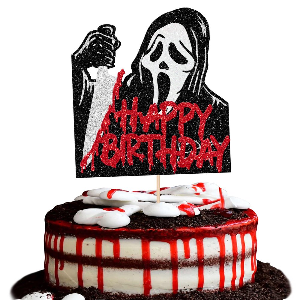 1 PCS Have a Killer Happy Birthday Cake Topper Glitter Bloody Knife Horror Classic Movie Cake Pick for Horror Movie Theme Killer Birthday Halloween Party Cake Decorations Supplies