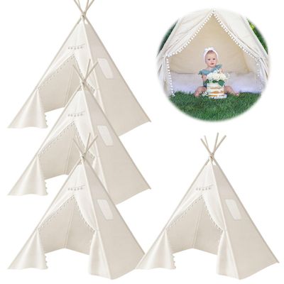 4 PCS Teepee Tent for Kids,Washable Tapered Kids Teepee Tent,Bohemian Teepee Tents,White Collapsible Sleepover Tents,for Boys and Girls Sleepover Pajamas Party Birthday SPA