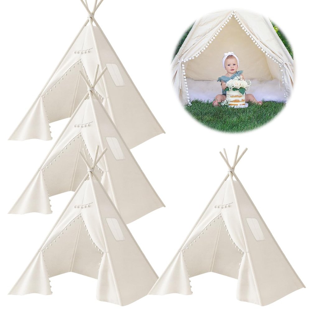 4 PCS Teepee Tent for Kids,Washable Tapered Kids Teepee Tent,Bohemian Teepee Tents,White Collapsible Sleepover Tents,for Boys and Girls Sleepover Pajamas Party Birthday SPA