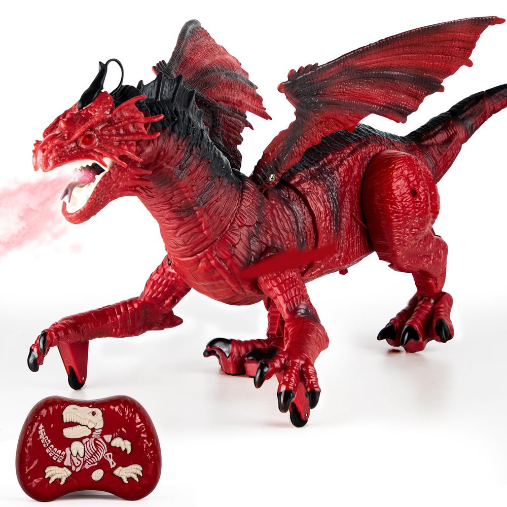 Remote Control Dragon Toy for Kids with 360 Swaying Head, Roaring, Spraying & Light Up- Remote Control Robot Toys for Kids - Red