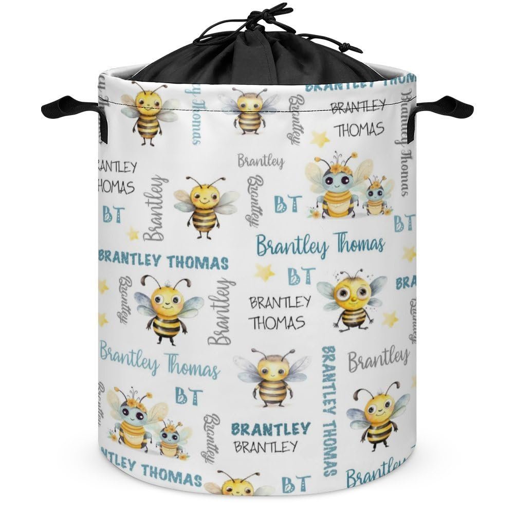 Bee Personalized Baby Laundry Basket Custom Name Nursery Hamper Collapsible Kids Laundry Hamper with Handles Durable Oxford Cloth Organizer for Clothes Storage Baby Gift Baskets
