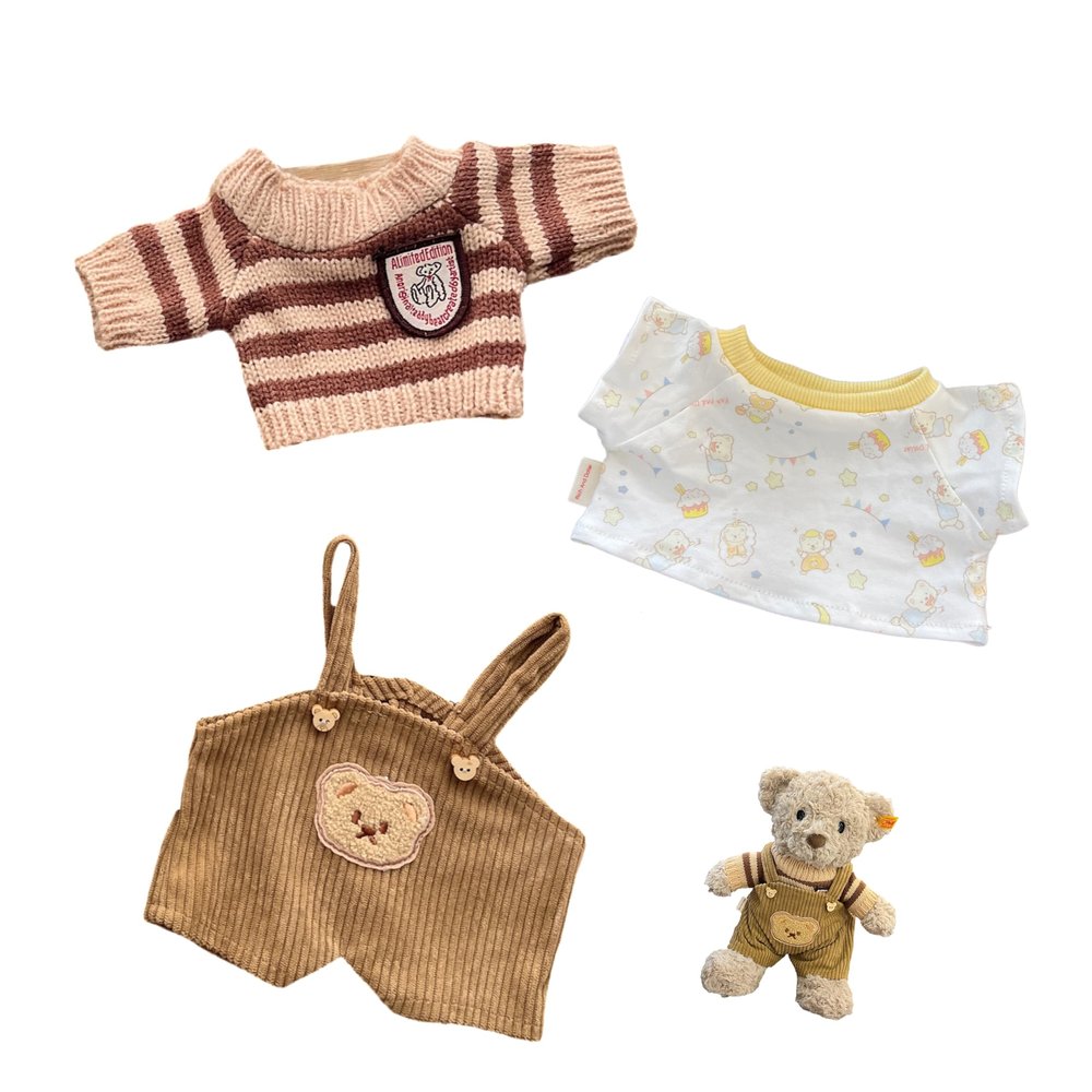 LICHADUOLE 9-12"/30cm Teddy Bear Clothes Stuffed Animals Corduroy Overalls, Striped Sweater ,Tee 3-Piece Set for Medium Bartholomew BearsNO Doll