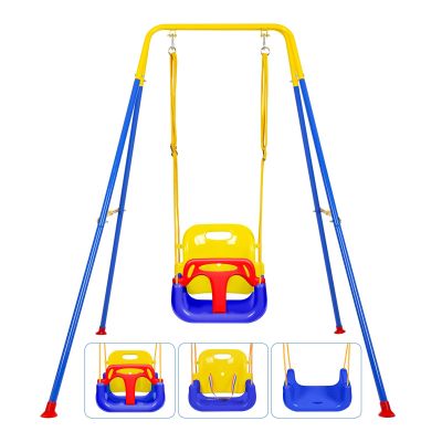 3-in-1 Toddler Swing Set, Baby Swing Set with Foldable Metal Stand for Outdoor/Indoor Play, Safe and Durable Design for Aged 1-10 Years Old, Easy to Assemble & Store (Blue)